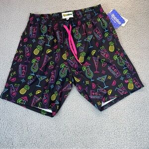 Tipsy Elves Swim Trunks Mens XL Black Neon Nightcap Cocktail All Over Beach Vaca